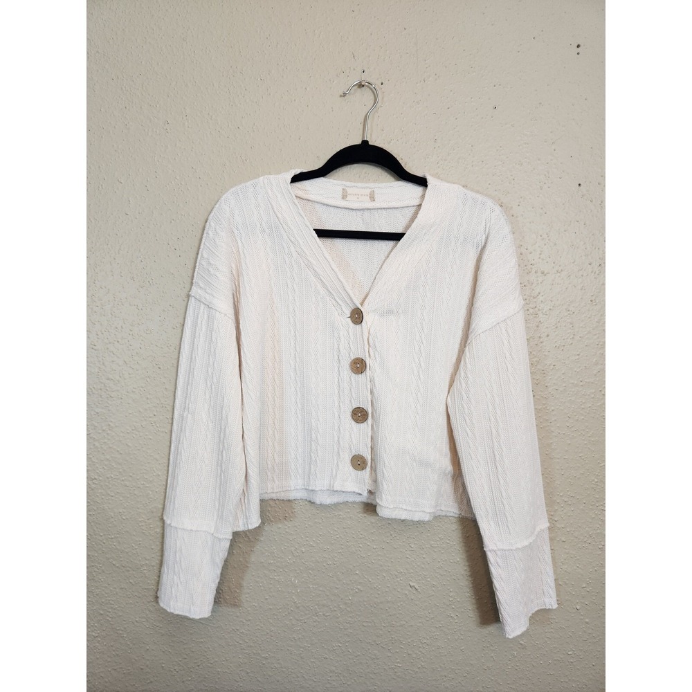 Altar'd State Womens Medium Cream Cardigan Cropped Cable Knit V-Neck Button